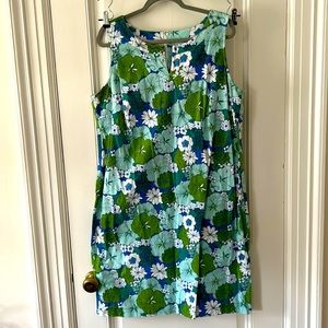 Sheath dress, Talbots, no pockets, green and blue floral print, 16W